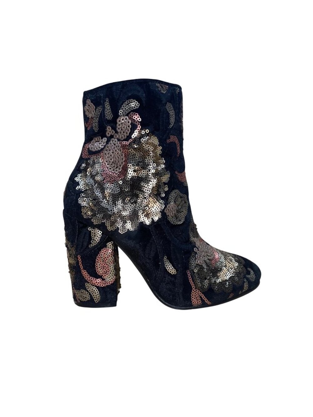 Aldo Women’s Black Velvet & Gold Sequin Floral Decor Fiery Ankle Boots Size 6